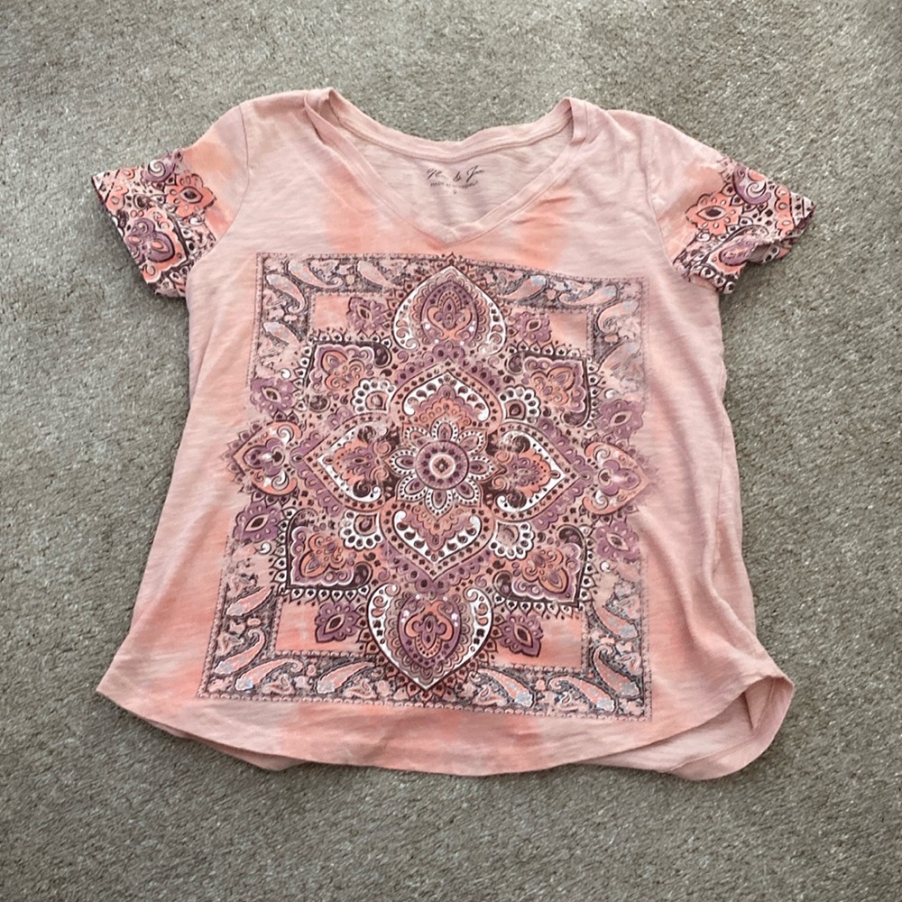 Mic & Jax 100% Cotton Capped Sleeve T-Shirt. V Neck Tie-dye. Peach/Purple S